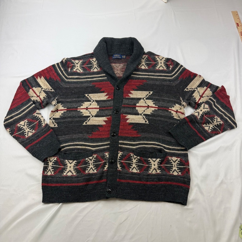 Polo Ralph Lauren Cardigan Mens XL Gray Southwestern Aztec Shawl Collar Cotton